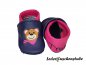 Preview: Lederpuschen dunkelblau-pink mit Namen beiderseits Ferse dunkelblau und Stickerei Bär mit Tuch pink